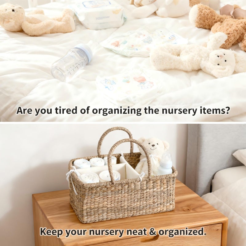 Quincry Premium Wicker Baby Diaper Caddy Organizer, Woven Seagrass Basket with Handles, Diaper Basket with Dividers (Rectangle) - Image 2