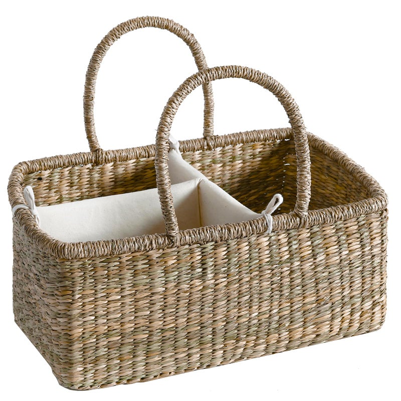 Quincry Premium Wicker Baby Diaper Caddy Organizer, Woven Seagrass Basket with Handles, Diaper Basket with Dividers (Rectangle) - Image 1