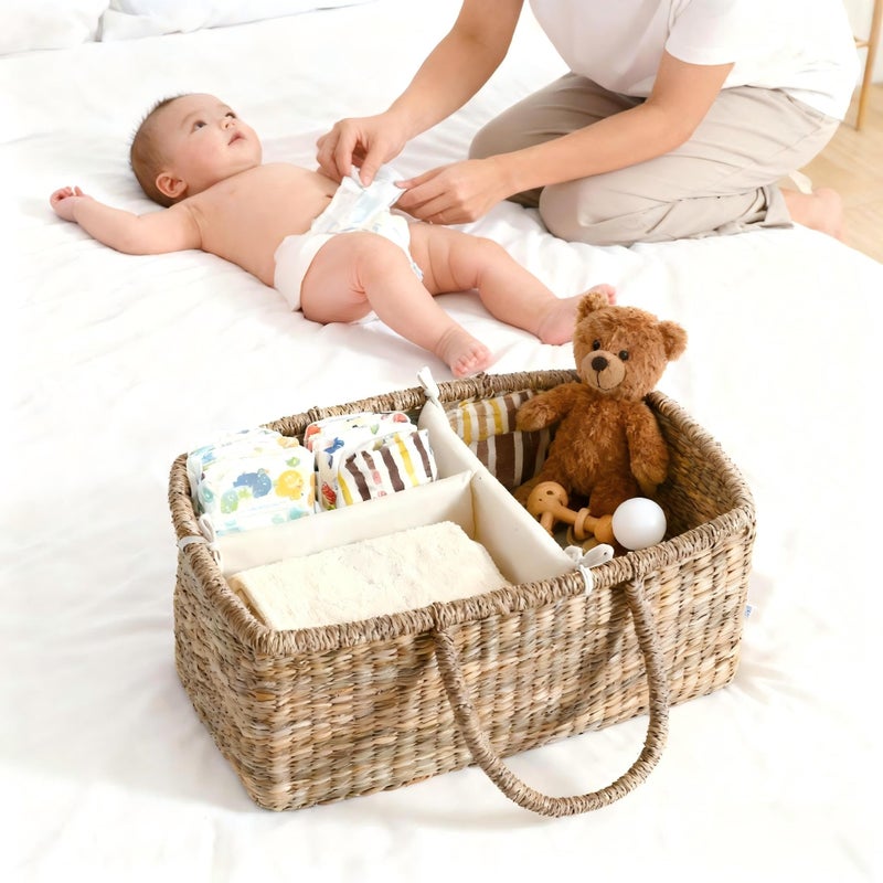 Quincry Premium Wicker Baby Diaper Caddy Organizer, Woven Seagrass Basket with Handles, Diaper Basket with Dividers (Rectangle) - Image 4