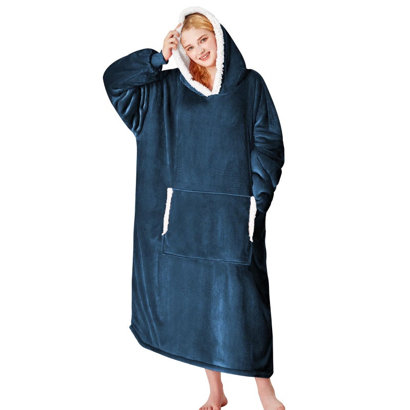 yescool Wearable Blanket Hoodie, Flannel Sherpa Fleece Blanket Sweatshirt for Adults Women Men, Big Plush Cozy Hooded Blanket with Hood, Pocket & Sleeves, Large, One Size Fits All (Navy Blue) - Image 1