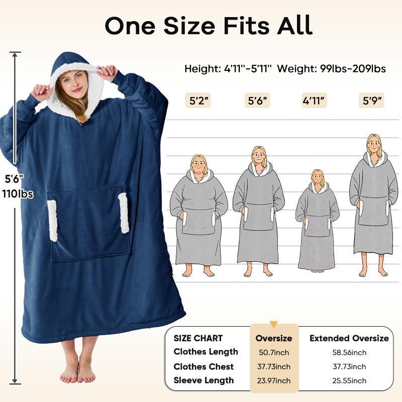 yescool Wearable Blanket Hoodie, Flannel Sherpa Fleece Blanket Sweatshirt for Adults Women Men, Big Plush Cozy Hooded Blanket with Hood, Pocket & Sleeves, Large, One Size Fits All (Navy Blue) - Image 4