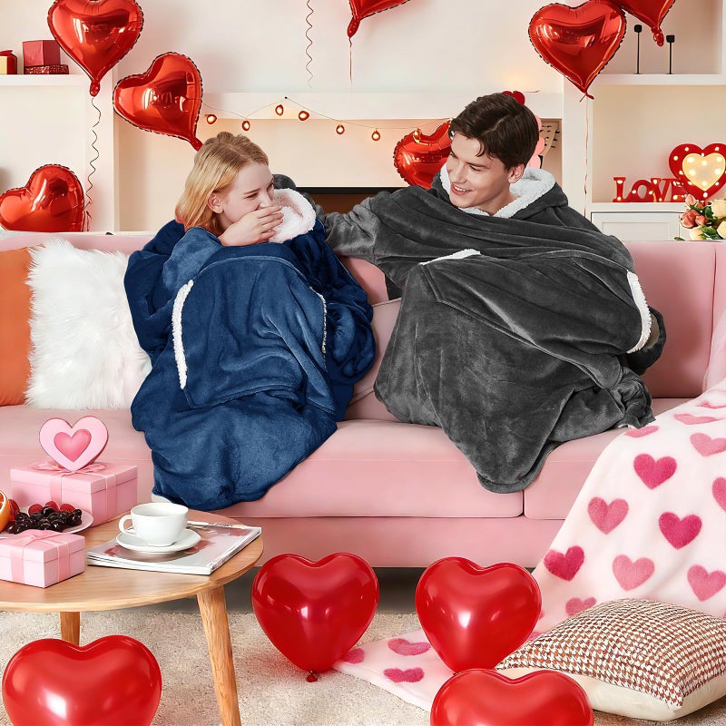 yescool Wearable Blanket Hoodie, Flannel Sherpa Fleece Blanket Sweatshirt for Adults Women Men, Big Plush Cozy Hooded Blanket with Hood, Pocket & Sleeves, Large, One Size Fits All (Navy Blue) - Image 2