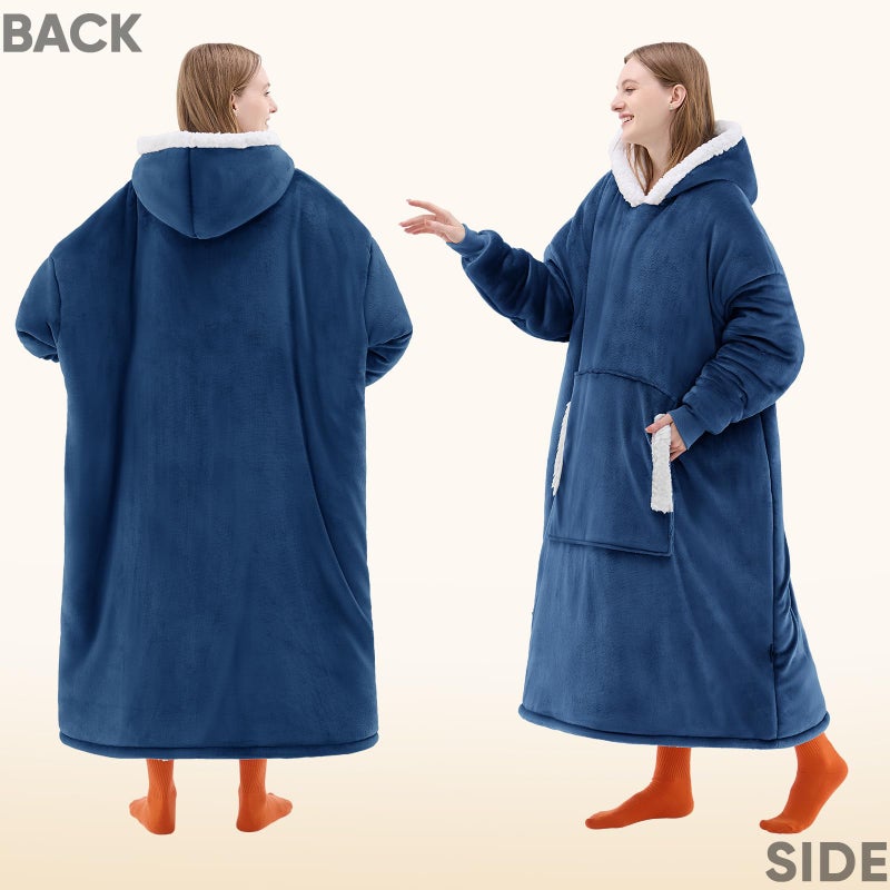 yescool Wearable Blanket Hoodie, Flannel Sherpa Fleece Blanket Sweatshirt for Adults Women Men, Big Plush Cozy Hooded Blanket with Hood, Pocket & Sleeves, Large, One Size Fits All (Navy Blue) - Image 3
