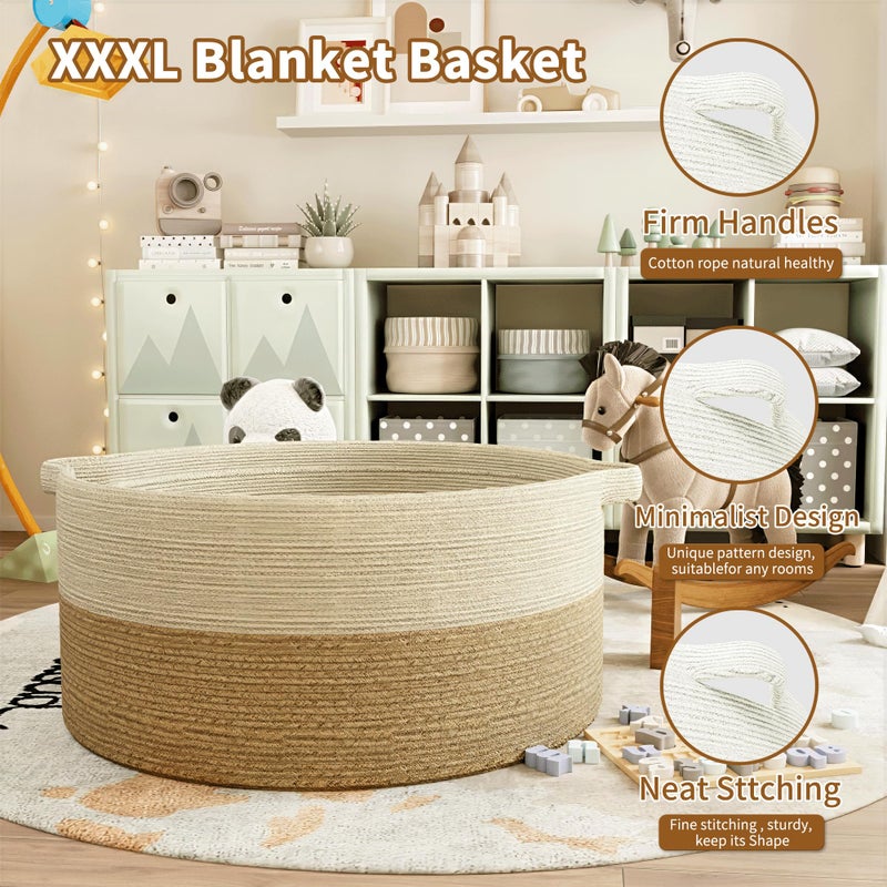 GOPAS 125L Extra Large Blanket Basket, 25" x 16", Jumbo Laundry Woven Baskets Decorative Home, Cotton Rope Basket with Handles, Baby Toy Baskets for Storage, White & Brown - Image 5