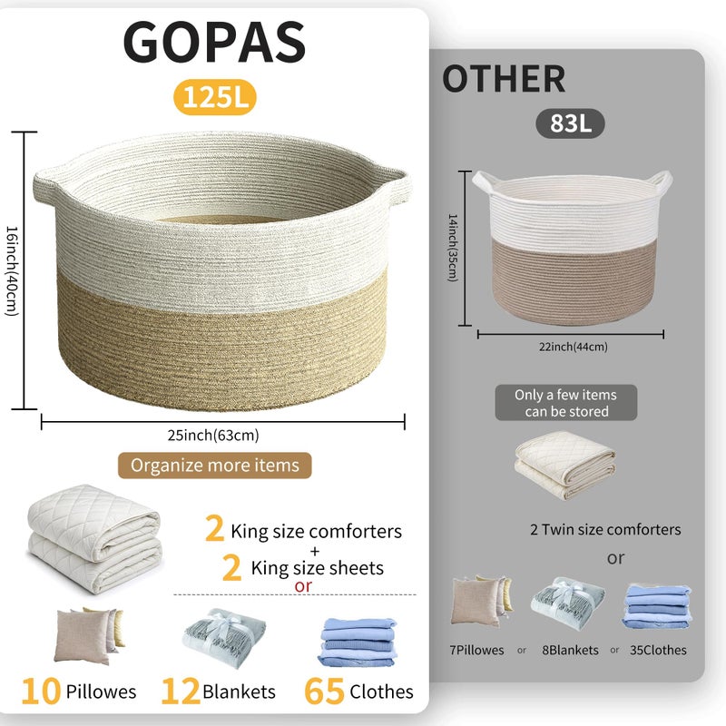 GOPAS 125L Extra Large Blanket Basket, 25" x 16", Jumbo Laundry Woven Baskets Decorative Home, Cotton Rope Basket with Handles, Baby Toy Baskets for Storage, White & Brown - Image 2