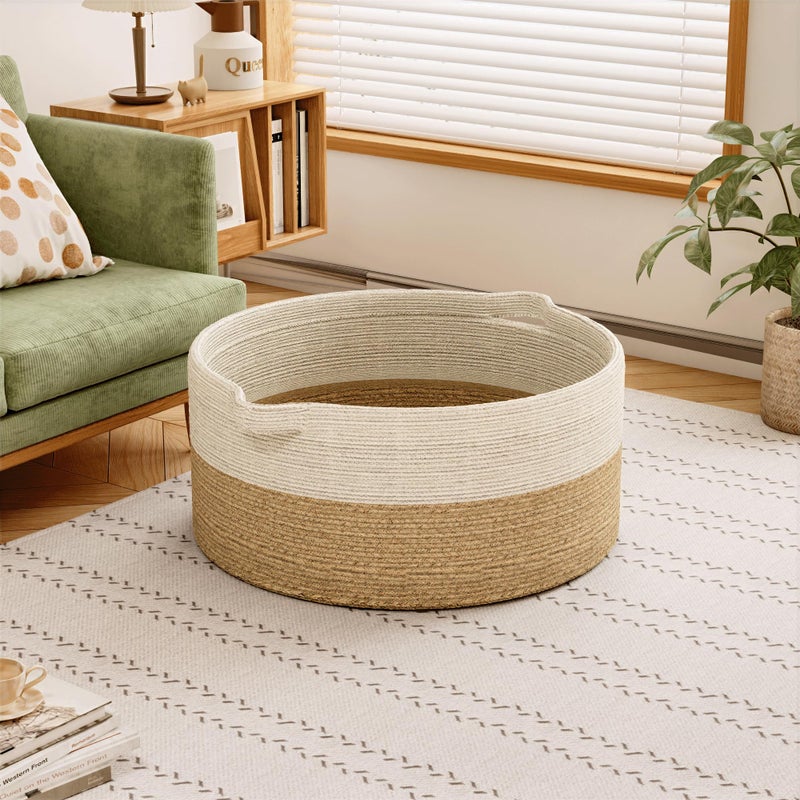 GOPAS 125L Extra Large Blanket Basket, 25" x 16", Jumbo Laundry Woven Baskets Decorative Home, Cotton Rope Basket with Handles, Baby Toy Baskets for Storage, White & Brown - Image 3