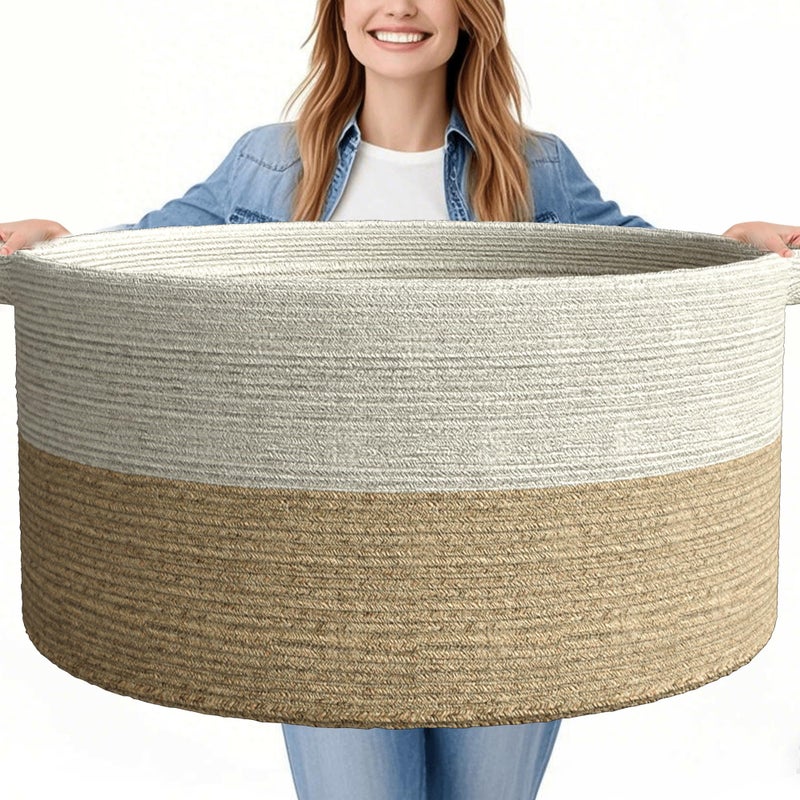 GOPAS 125L Extra Large Blanket Basket, 25" x 16", Jumbo Laundry Woven Baskets Decorative Home, Cotton Rope Basket with Handles, Baby Toy Baskets for Storage, White & Brown - Image 1