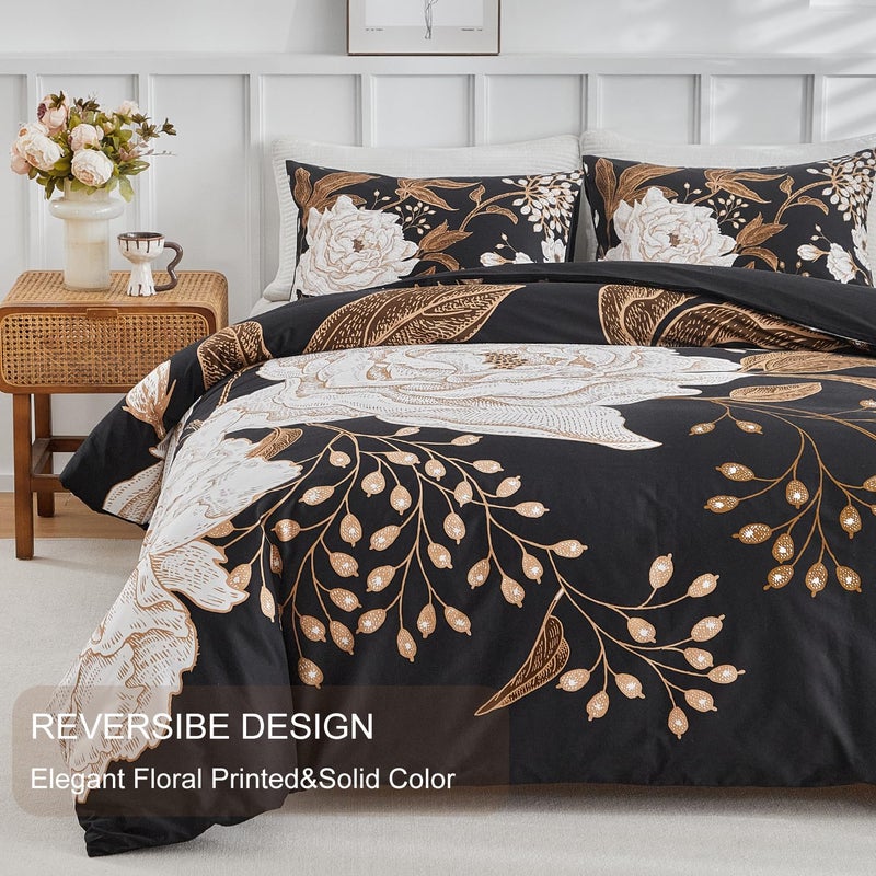 mixinni Floral Duvet Cover King Size, 3 Pieces White Flowers and Gold Leaves Printed on Black Bedding Set, Soft Premium Cotton Reversible Elegant Floral Duvet Cover Set for All Season-King Size - Image 3