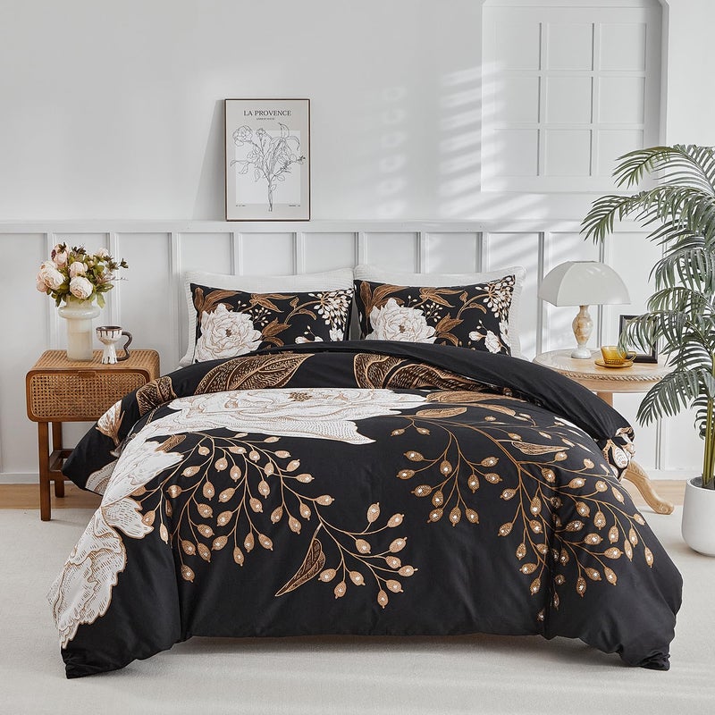 mixinni Floral Duvet Cover King Size, 3 Pieces White Flowers and Gold Leaves Printed on Black Bedding Set, Soft Premium Cotton Reversible Elegant Floral Duvet Cover Set for All Season-King Size - Image 1