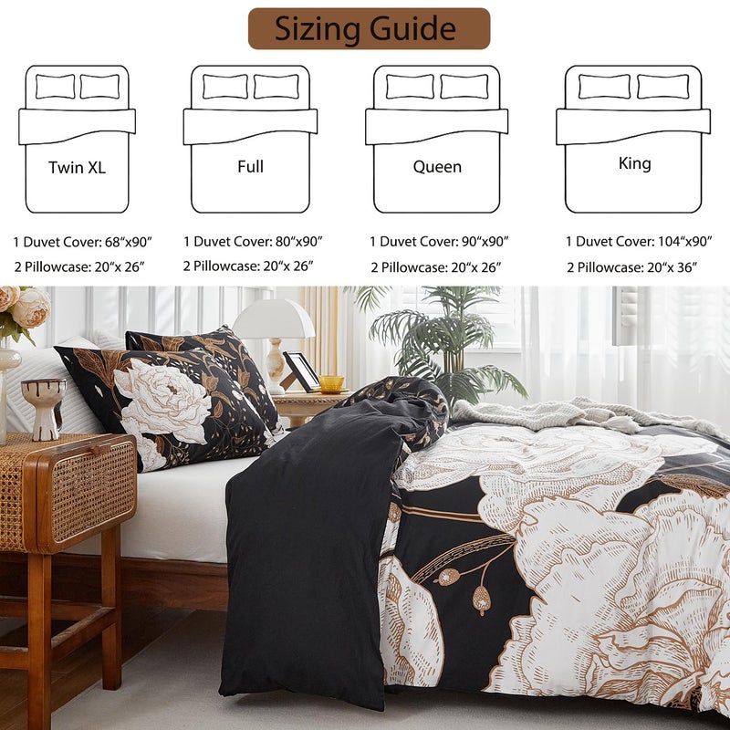 mixinni Floral Duvet Cover King Size, 3 Pieces White Flowers and Gold Leaves Printed on Black Bedding Set, Soft Premium Cotton Reversible Elegant Floral Duvet Cover Set for All Season-King Size - Image 4
