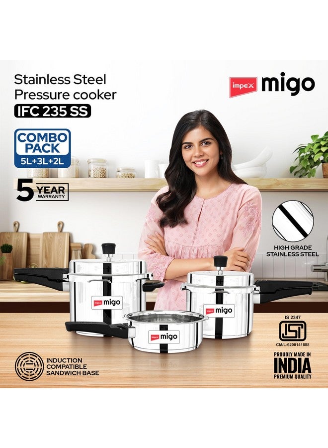 Impex Migo 2,3,5 Litres Stainless Steel Pressure Cookers Ifc 235 Ss 2,3,5L Induction Base With Outer Lid, Stainless Steel Pressure Cookers Combo With 5 Years Warranty - Image 2