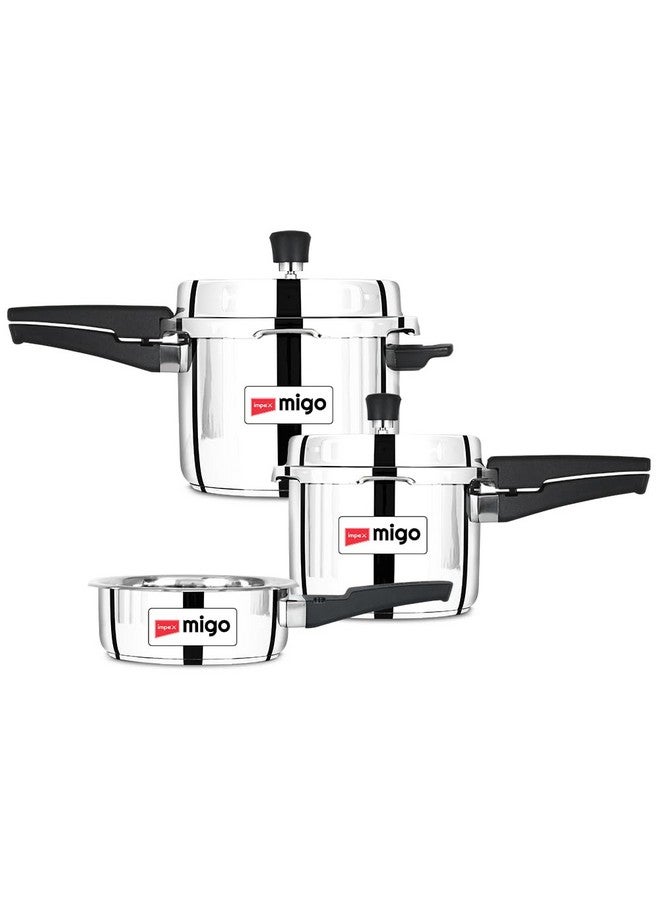 Impex Migo 2,3,5 Litres Stainless Steel Pressure Cookers Ifc 235 Ss 2,3,5L Induction Base With Outer Lid, Stainless Steel Pressure Cookers Combo With 5 Years Warranty - Image 1