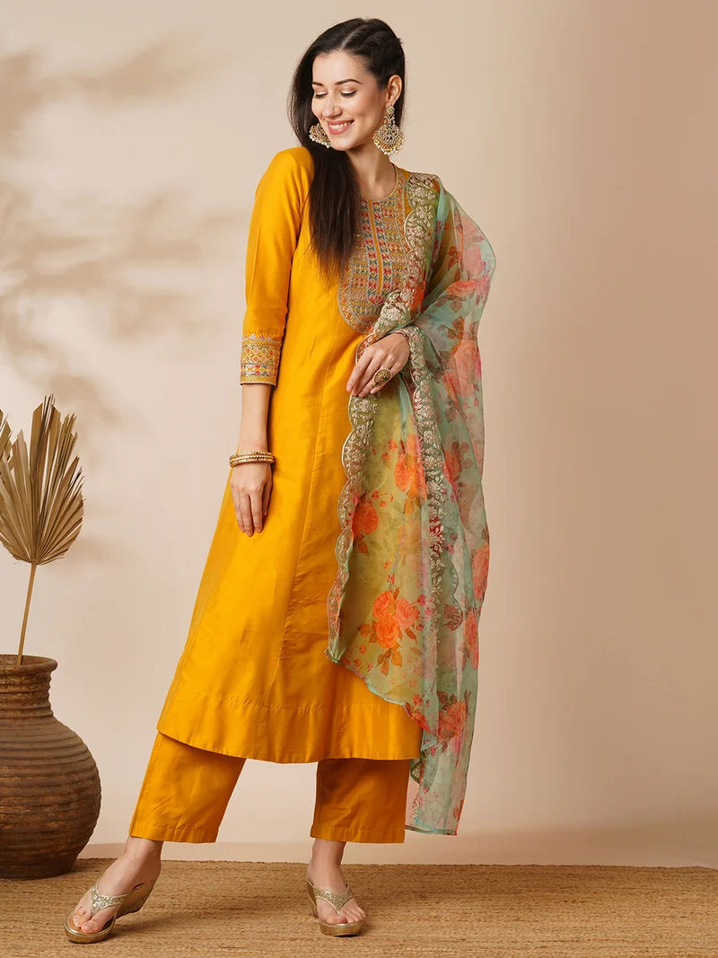 globus Women Floral Yoke Design Panelled Gotta Patti Anarkali Kurta With Trouser & Dupatta