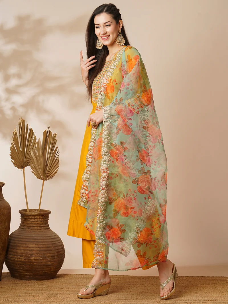 globus Women Floral Yoke Design Panelled Gotta Patti Anarkali Kurta With Trouser & Dupatta