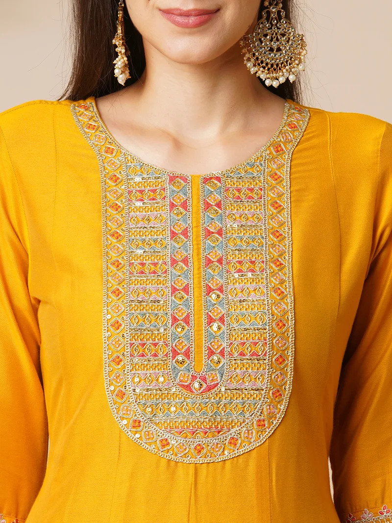 globus Women Floral Yoke Design Panelled Gotta Patti Anarkali Kurta With Trouser & Dupatta