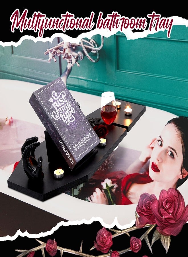 Barydat Halloween Decorations Coffin Bath Tray Gothic Coffin Serving Tray with Tablet Stand Spooky Goth Bathtub Caddy Black Wood Bath Board for Halloween Home Decor Bathroom Accessories - Image 4