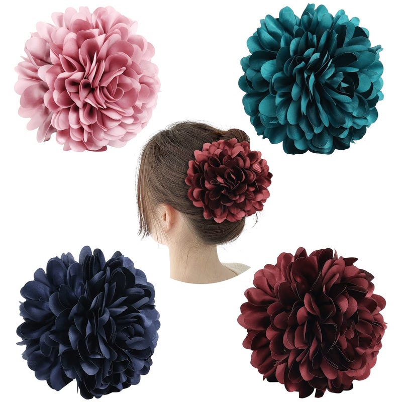 Cinaci 4 Pack Black Plastic Hair Claws Clips with Big Large Satin Flower Bow Barrettes Clamps Bun Chignon Updo Holders Hair Accessories for Women Girls - Image 1