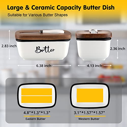 ALELION Ceramic Butter Dish with Lid and Knife for Countertop, Airtight Butter Keeper for Counter or Fridge, Butter Container with Thick Acacia Wood Lid, for Farmhouse Kitchen Decor and Accessories, White - Image 2