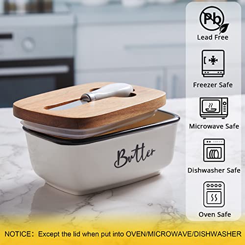 ALELION Ceramic Butter Dish with Lid and Knife for Countertop, Airtight Butter Keeper for Counter or Fridge, Butter Container with Thick Acacia Wood Lid, for Farmhouse Kitchen Decor and Accessories, White - Image 4