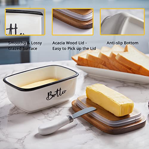 ALELION Ceramic Butter Dish with Lid and Knife for Countertop, Airtight Butter Keeper for Counter or Fridge, Butter Container with Thick Acacia Wood Lid, for Farmhouse Kitchen Decor and Accessories, White - Image 5