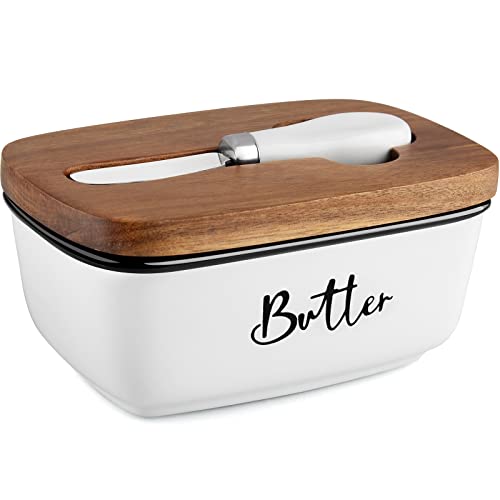 ALELION Ceramic Butter Dish with Lid and Knife for Countertop, Airtight Butter Keeper for Counter or Fridge, Butter Container with Thick Acacia Wood Lid, for Farmhouse Kitchen Decor and Accessories, White - Image 1