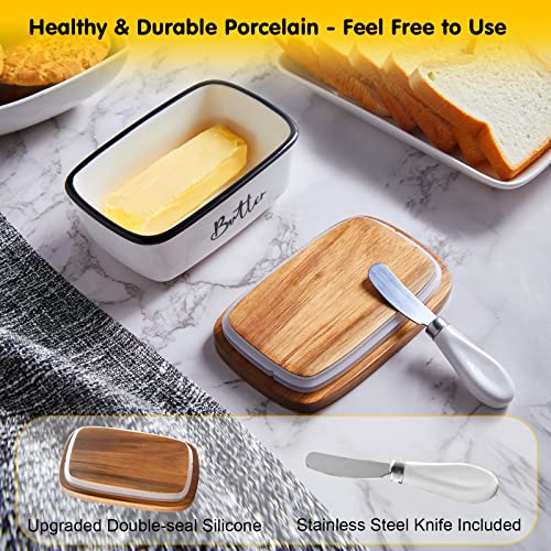 ALELION Ceramic Butter Dish with Lid and Knife for Countertop, Airtight Butter Keeper for Counter or Fridge, Butter Container with Thick Acacia Wood Lid, for Farmhouse Kitchen Decor and Accessories, White - Image 3