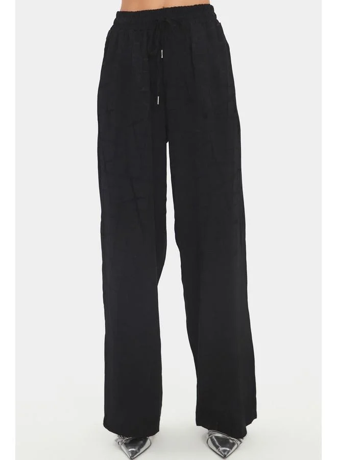 JUNE June Women Exclusive Viscose Blend Wide Leg Elastic Waist Patterned Trouser Black