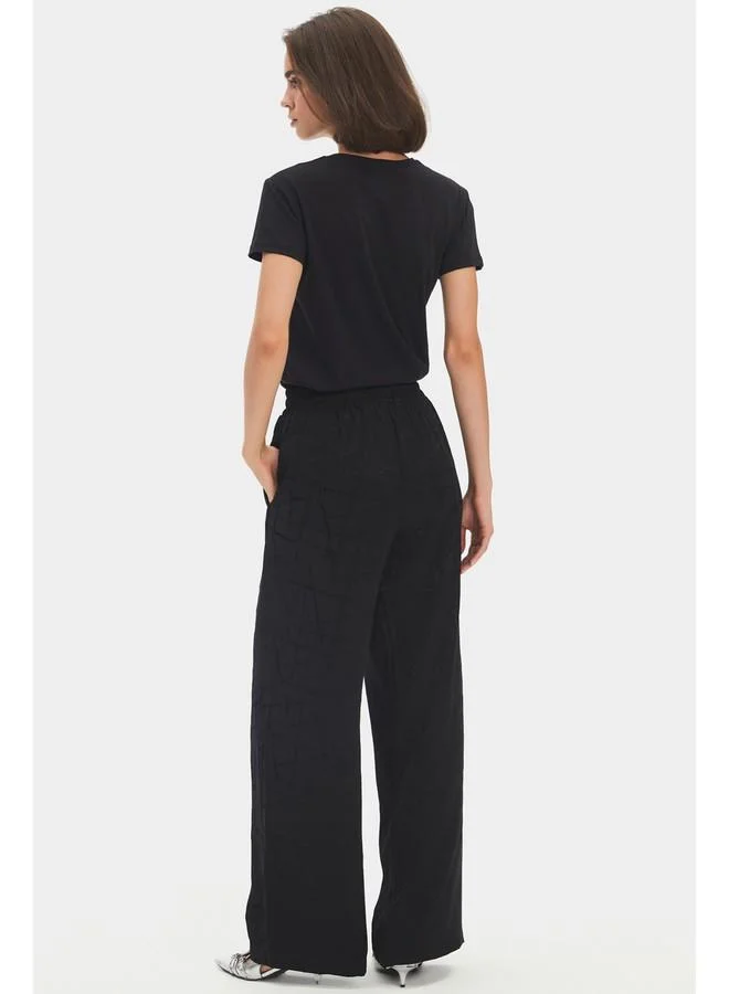 JUNE June Women Exclusive Viscose Blend Wide Leg Elastic Waist Patterned Trouser Black