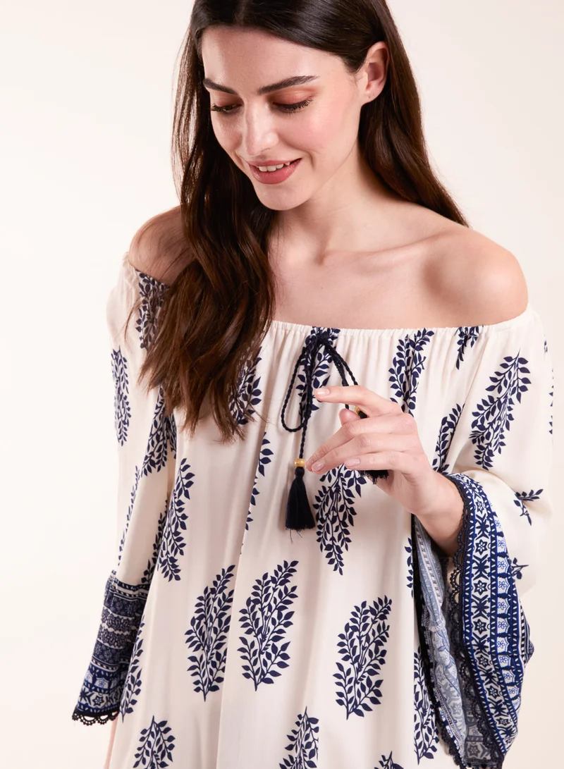 Blue Vanilla Mix Print Bardot With Tassel Dress
