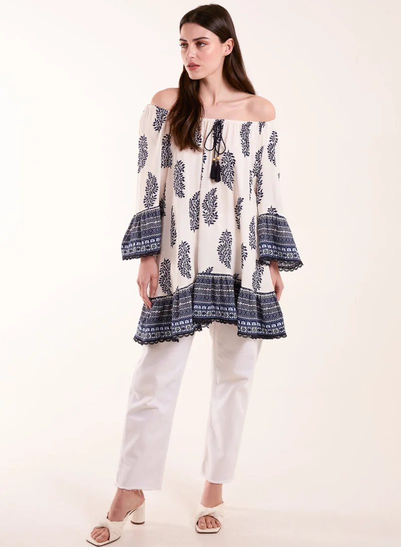 Blue Vanilla Mix Print Bardot With Tassel Dress