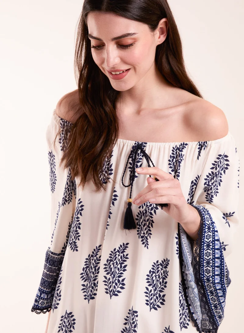 Blue Vanilla Mix Print Bardot With Tassel Dress