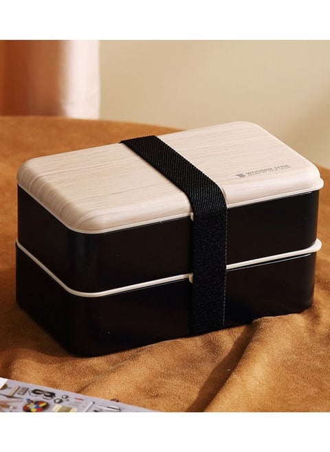 Wooden Double-layer Lunch Box Portable Microwave Oven Bento Box Black