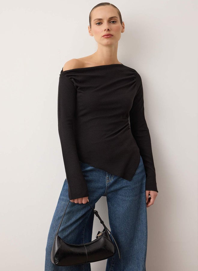 trendyol Black Draped Boat Neck Asymmetric Flexible Long Sleeve Knitted Blouse - Image 2