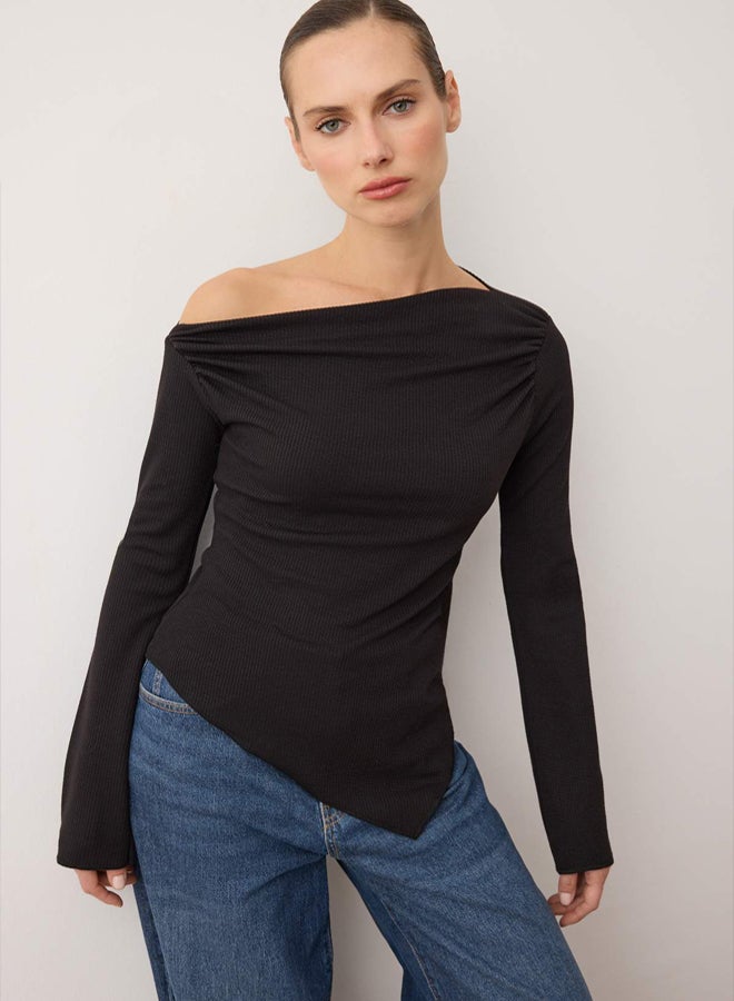 trendyol Black Draped Boat Neck Asymmetric Flexible Long Sleeve Knitted Blouse - Image 1