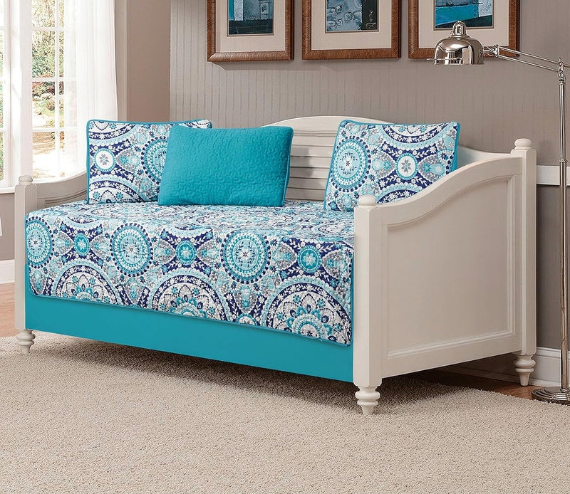 Mk Collection 5pc Daybed Quilted Medallion Floral Turquoise Teal Blue Grey New #185