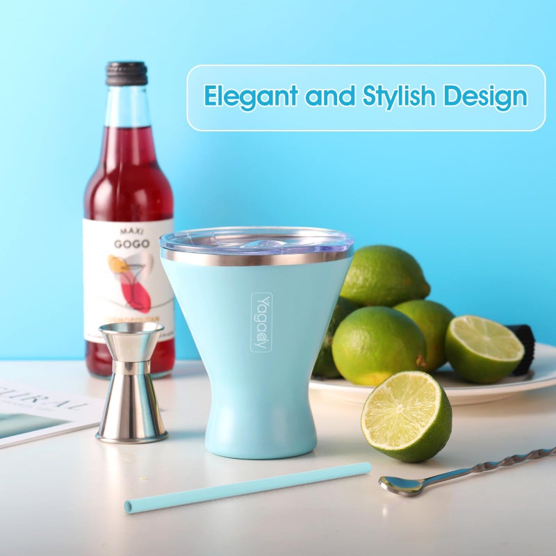 Yagady Stainless Steel Martini Tumbler with Lid & Cuttable Silicone Straw - 10oz Vacuum Sealed Insulated Martini Glass - Elegant Design Margarita Glass for Perfectly Chilled Drinks (Blue) - Image 2