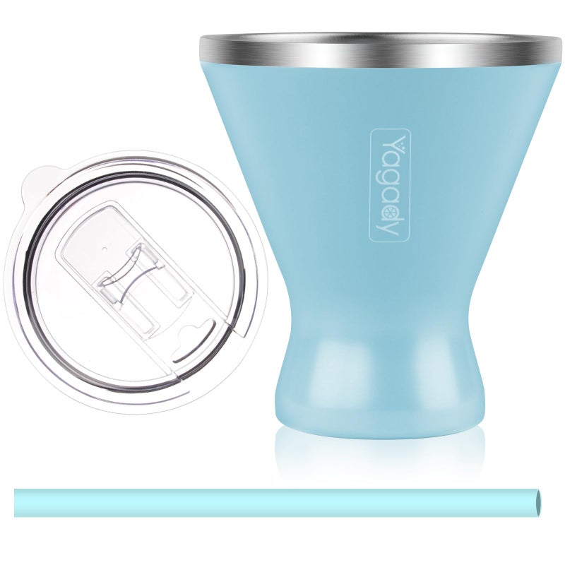 Yagady Stainless Steel Martini Tumbler with Lid & Cuttable Silicone Straw - 10oz Vacuum Sealed Insulated Martini Glass - Elegant Design Margarita Glass for Perfectly Chilled Drinks (Blue) - Image 1