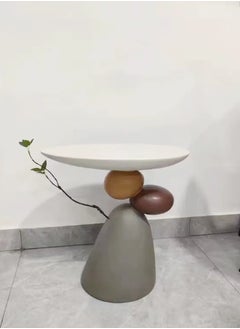 fashionhome 1-Piece Modern Scandinavian Style Stone Carved Art Design Resin Side Table Round Top Tray End Table for Bedroom Living Room Offices 51x29x50 cm (Fully Assembled)  - Image 2