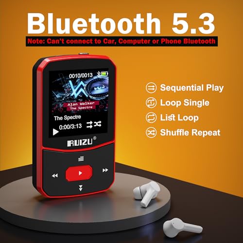 RUIZU 64GB Clip MP3 Player with Bluetooth 5.3, Portable Music Player with Voice Recorder for Sports Running, FM Radio, Pedometer, A-B Repeat, Audio Shuffle Playback, Support 128GB Micro SD Card, Red - Image 2