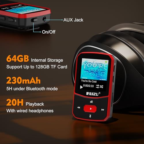 RUIZU 64GB Clip MP3 Player with Bluetooth 5.3, Portable Music Player with Voice Recorder for Sports Running, FM Radio, Pedometer, A-B Repeat, Audio Shuffle Playback, Support 128GB Micro SD Card, Red - Image 3