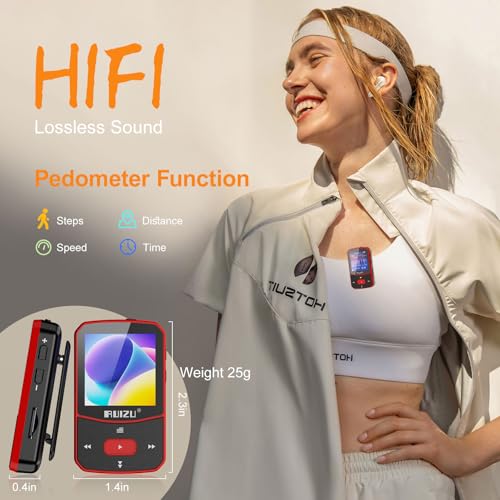 RUIZU 64GB Clip MP3 Player with Bluetooth 5.3, Portable Music Player with Voice Recorder for Sports Running, FM Radio, Pedometer, A-B Repeat, Audio Shuffle Playback, Support 128GB Micro SD Card, Red - Image 4