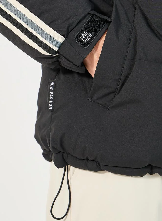 Styli Contrast Stripe Detail Heavy Quilted Puffer Jacket with Concealed Zip Placket