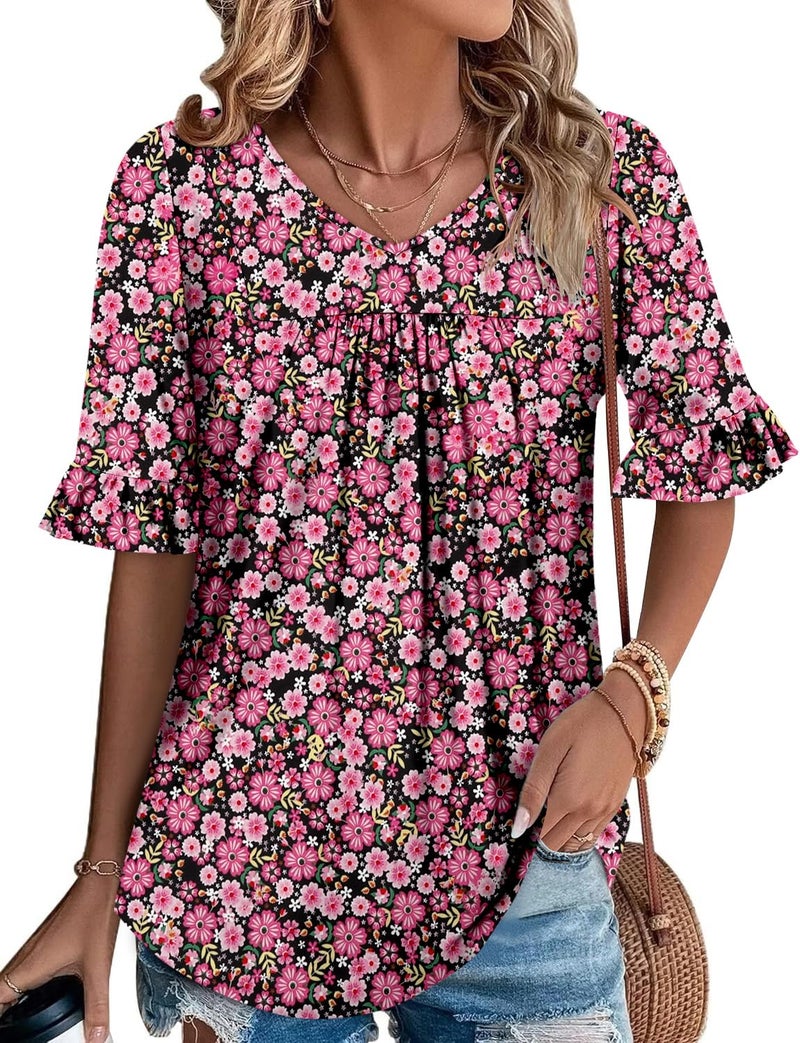 ROSELINLIN Womens Summer Tops 3/4 Sleeve Tops Ladies Floral Tops Half Short Sleeve Blouse Shirts Mulberry Flower XXL - Image 2