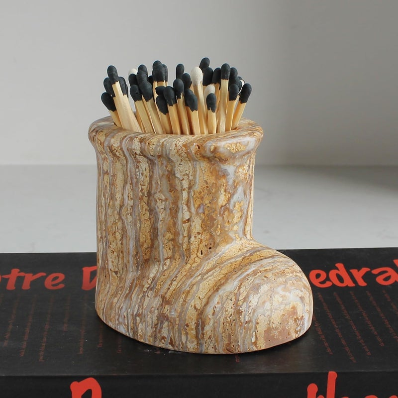 Natust Christmas Santa Boot Desk Organizer, Genuine Marble Multifunctional Decor - Candle Holder, Mini Vase, Pen Pot, Makeup Brush Holder, Christmas Decoration for Tabletop Fireplace (Yellow Marble) - Image 2