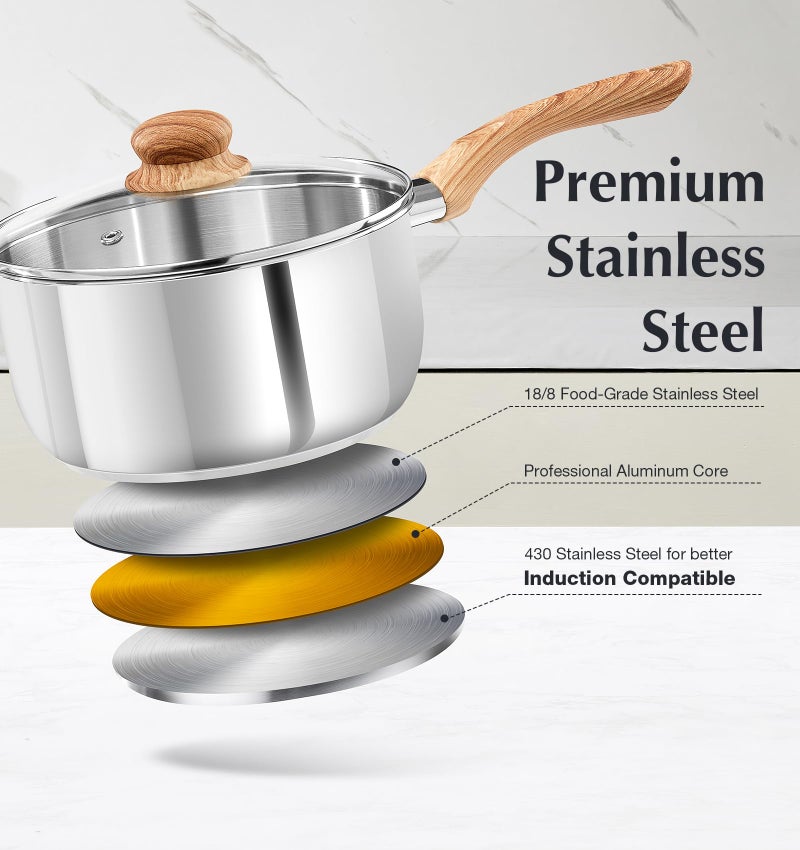 KOCH SYSTEME CS Stainless Steel Saucepan Set, 6 Piece Stainless Steel Pot 1QT & 2QT & 3QT with Heat-resistant Bakelite Handle, Tri-ply Base Pots, Sauce Pan Induction Ready, Pot Set 6PCS - Image 2