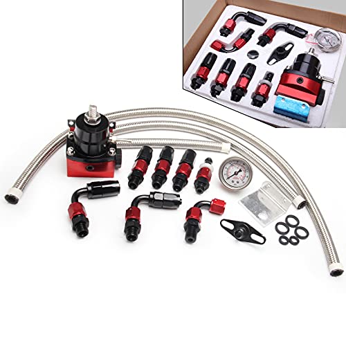 WENJTP EFI Fuel Pressure Regulator Kit with 0-100psi Pressure Gauge AN6-6AN Aluminum Adjustable Universal Fuel Line Hose Fitting Connectors Kit Black&Red HTRACING - Image 1