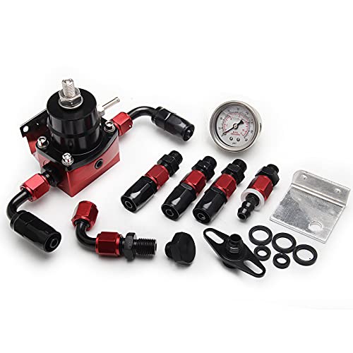 WENJTP EFI Fuel Pressure Regulator Kit with 0-100psi Pressure Gauge AN6-6AN Aluminum Adjustable Universal Fuel Line Hose Fitting Connectors Kit Black&Red HTRACING - Image 2