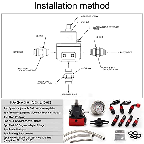 WENJTP EFI Fuel Pressure Regulator Kit with 0-100psi Pressure Gauge AN6-6AN Aluminum Adjustable Universal Fuel Line Hose Fitting Connectors Kit Black&Red HTRACING - Image 3