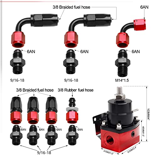 WENJTP EFI Fuel Pressure Regulator Kit with 0-100psi Pressure Gauge AN6-6AN Aluminum Adjustable Universal Fuel Line Hose Fitting Connectors Kit Black&Red HTRACING - Image 5