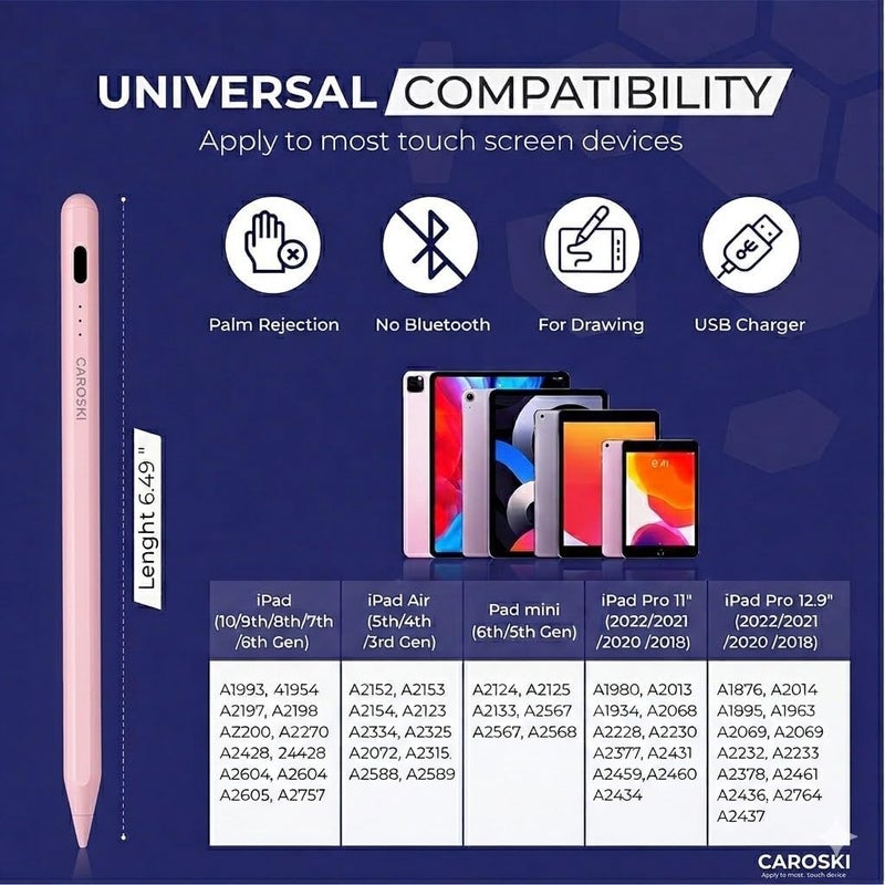 كاروسكي قلم ستايلس لجهاز iPad مع رفض اللمس الراحي وأقلام إضافية، قلم نشط دقيق متوافق مع iPad Pro Air Mini، تشغيل سريع، بطارية طويلة، تصميم مغناطيسي، قلم ستايلس مع كابل شحن USB-C (وردي) - Image 5